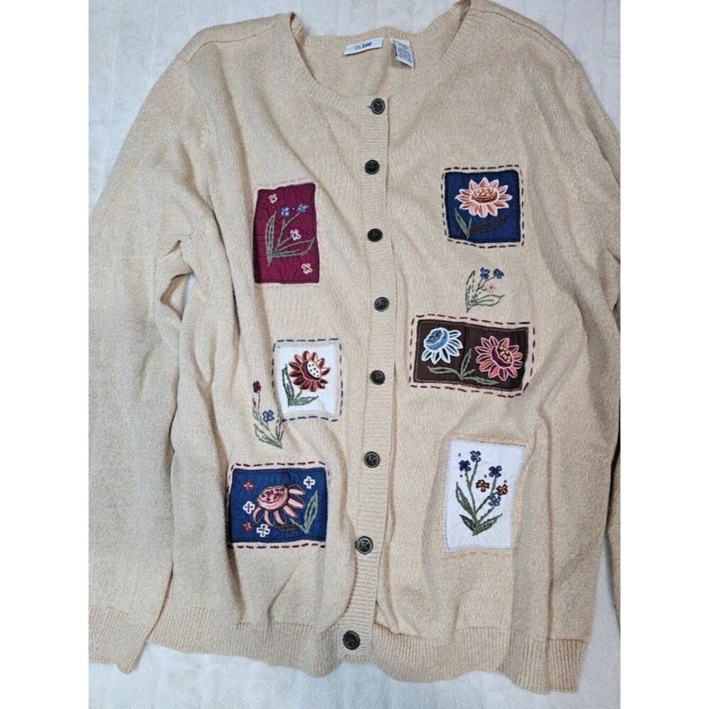 Vintage Ms Lee Knit Cardigan Sweater L Beige Floral Patchwork Embroidered Boho